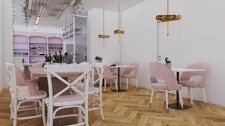 Wnętrze jadalni z różowymi krzesłami i drewnianym stołem, styl dopamine decor.