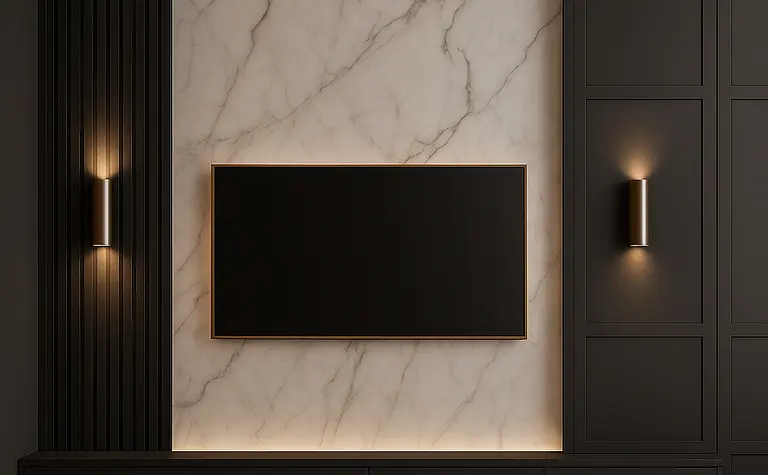 Minimalistyczne wnętrze z marmurową ścianą i nowoczesnym oświetleniem. Styl minimaluxe.
