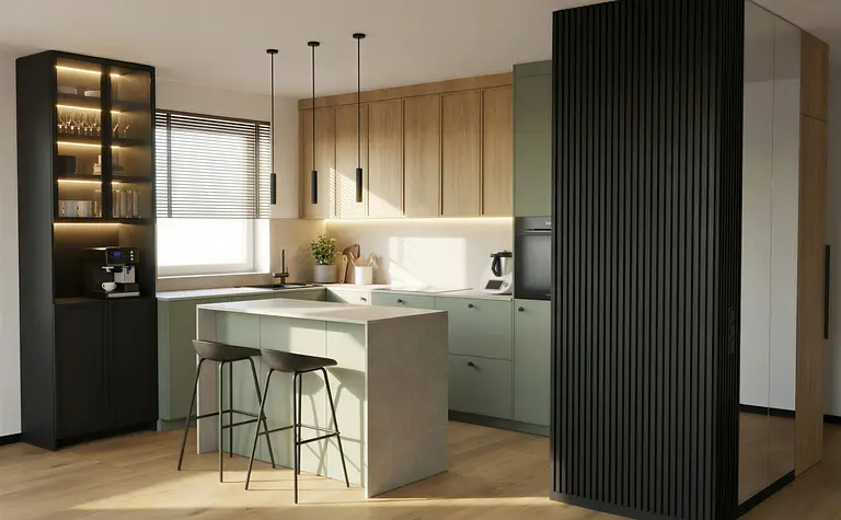 Nowoczesna kuchnia w stylu industrialnym z zielonymi meblami i drewnianą podłogą.