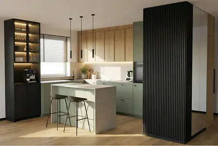 Nowoczesna kuchnia w stylu industrialnym z zielonymi meblami i drewnianą podłogą.