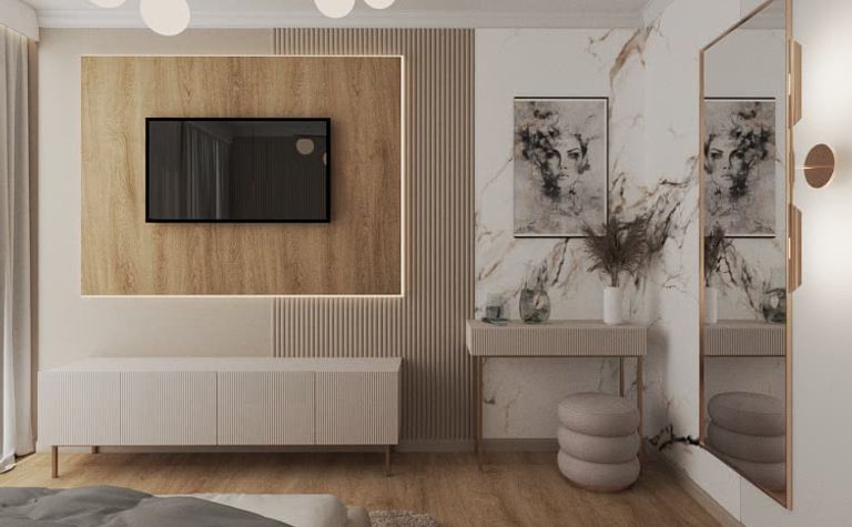 Minimalistyczne wnętrze salonu w stylu japandi z drewnem i marmurem.