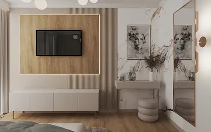 Minimalistyczne wnętrze salonu w stylu japandi z drewnem i marmurem.