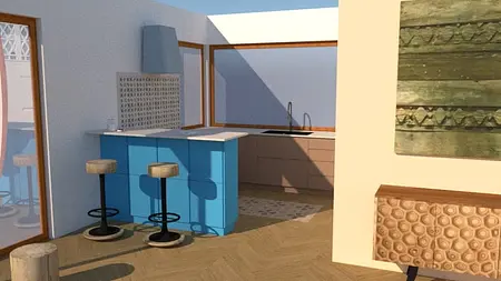 Eklektyczne wnętrze kuchni z niebieskim blatem i drewnianymi meblami.