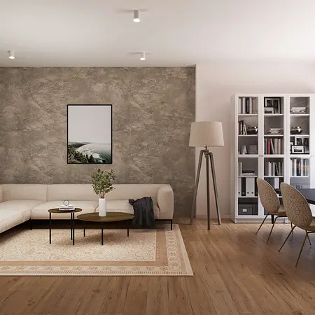 Salon w stylu minimalistycznym z jasną sofą i drewnianymi meblami.