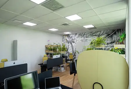 Biuro z nowoczesnym wystrojem, roślinami i ergonomicznie zaprojektowanymi biurkami.