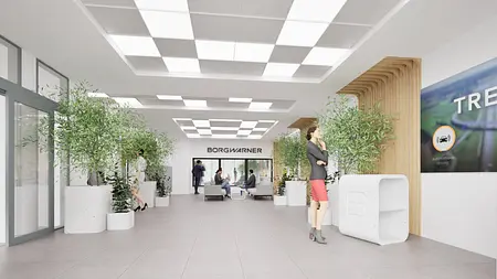 Wnętrze recepcji z roślinami w donicach, nowoczesne meble, industrialny styl.