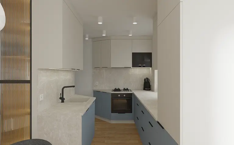 Nowoczesna kuchnia z szarymi meblami i beżowym blatem