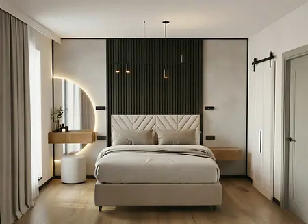 Sypialnia w stylu minimalistycznym z drewnianymi elementami i nowoczesnym oświetleniem