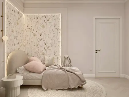Wnętrze sypialni z łóżkiem, roślinnym wzorem na ścianie, dodatkami w stylu glamour i nowoczesnym.
