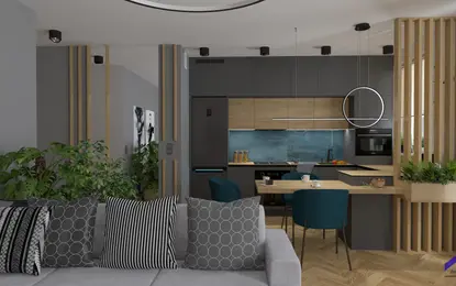 Wnętrze kuchni w stylu dopamine decor z elementami japandi i soft minimalizmu.