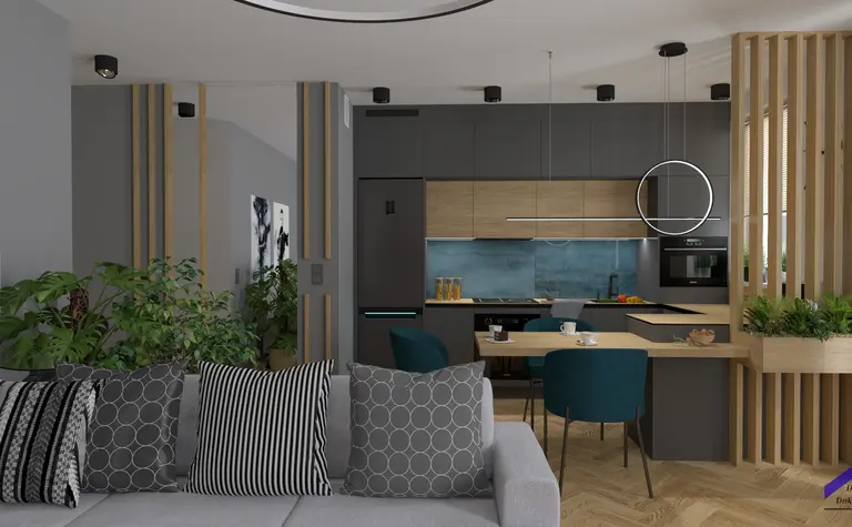 Wnętrze kuchni w stylu dopamine decor z elementami japandi i soft minimalizmu.