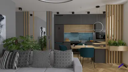 Wnętrze kuchni w stylu dopamine decor z elementami japandi i soft minimalizmu.