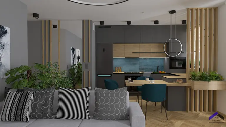 Wnętrze kuchni w stylu dopamine decor z elementami japandi i soft minimalizmu.