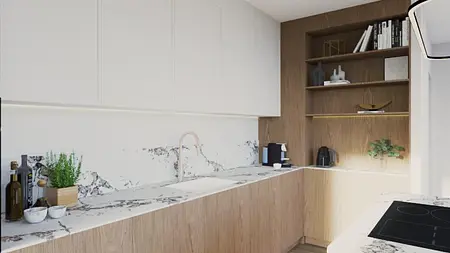 Wnętrze kuchni w stylu japandi i minimalistycznym z drewnianymi akcentami.