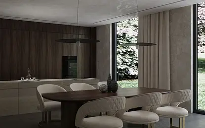 Wnętrze jadalni z drewnianym stołem i jasnymi krzesłami w stylu minimalistycznym.