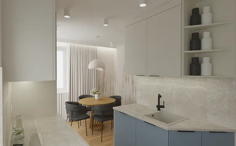 Wnętrze nowoczesnej kuchni z szarymi meblami, drewnianym stołem i eleganckim oświetleniem.