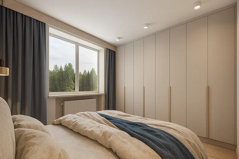 Sypialnia z szarymi meblami, dużym oknem i beżową pościelą, nowoczesny design