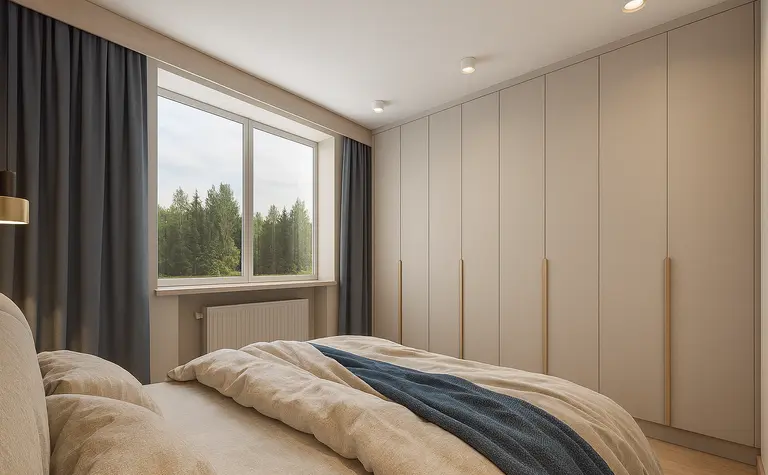 Sypialnia z szarymi meblami, dużym oknem i beżową pościelą, nowoczesny design