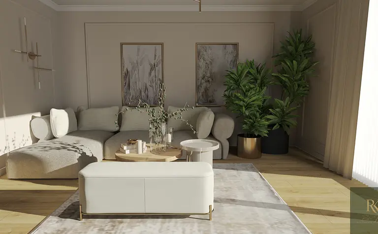 Wnętrze salonu z minimalistycznym designem, nowoczesną sofą i roślinami.