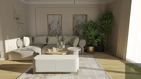 Wnętrze salonu z minimalistycznym designem, nowoczesną sofą i roślinami.