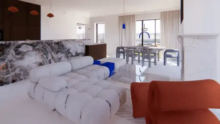 Nowoczesne wnętrze salonu z minimalistycznym designem, współczesnymi meblami i spokojnym luksusem.