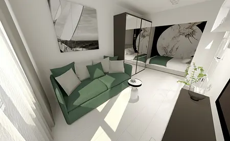 Wnętrze pokoju z zieloną sofą, łóżkiem i dekoracjami ściennymi w stylu współczesnym.