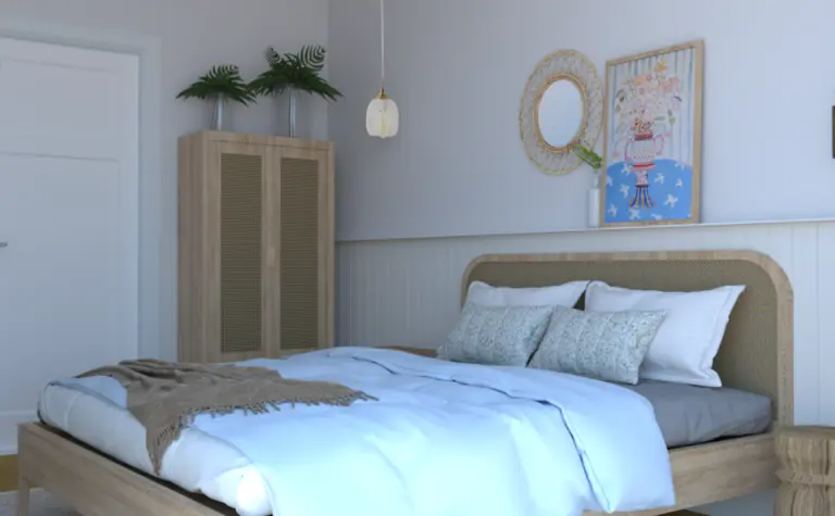Sypialnia w stylu boho z drewnianym łóżkiem, jasnymi poduszkami i roślinami.