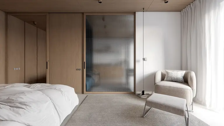 Wnętrze sypialni z elementami boho, japandi i minimalistycznymi.