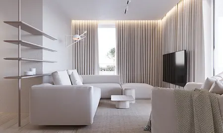Wnętrze z białą sofą, beżowymi zasłonami i nowoczesnym telewizorem, styl japandi, minimaluxe.