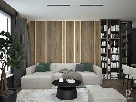 Wnętrze nowoczesnego salonu z minimalistycznym designem, szarym narożnikiem i drewnianymi elementami.