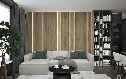 Wnętrze nowoczesnego salonu z minimalistycznym designem, szarym narożnikiem i drewnianymi elementami.