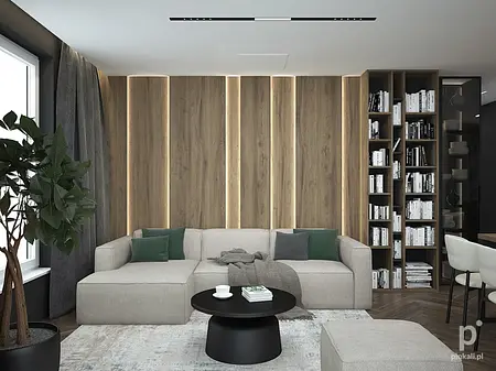 Wnętrze nowoczesnego salonu z minimalistycznym designem, szarym narożnikiem i drewnianymi elementami.