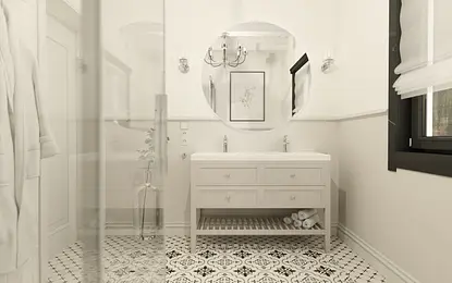Nowoczesna łazienka z białą umywalką, czarnymi akcentami, glamour i vintage elementami.