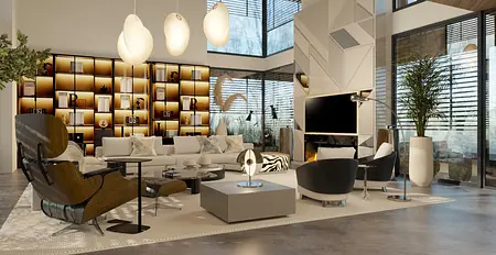 Wnętrze nowoczesnego salonu z dużymi oknami, białymi meblami i roślinami.