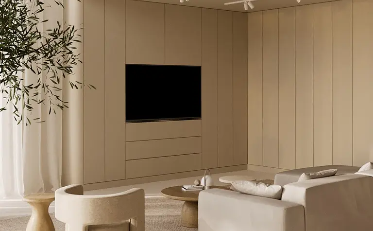 Wnętrze minimalistycznego salonu w stylu soft minimalizm z beżowymi meblami.