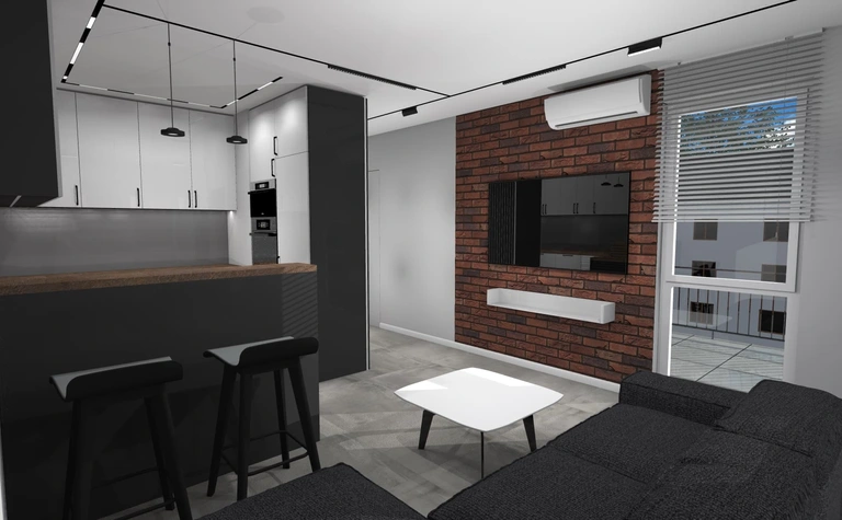 Wnętrze kuchni w stylu minimalistycznym i industrialnym z czarnymi i białymi elementami.