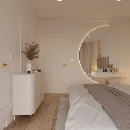 Wnętrze sypialni z beżowymi meblami i lustrem w stylu quiet luxury.