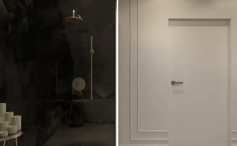 Nowoczesna łazienka z czarnymi i białymi elementami, styl glamour.