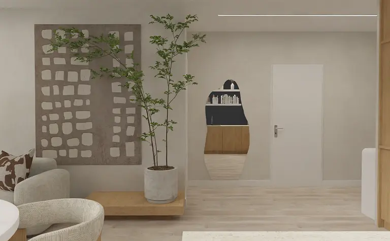 Wnętrze w stylu japandi z rośliną i jasnymi meblami.