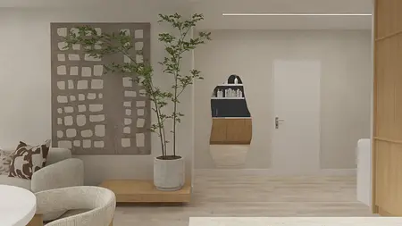 Wnętrze w stylu japandi z rośliną i jasnymi meblami.
