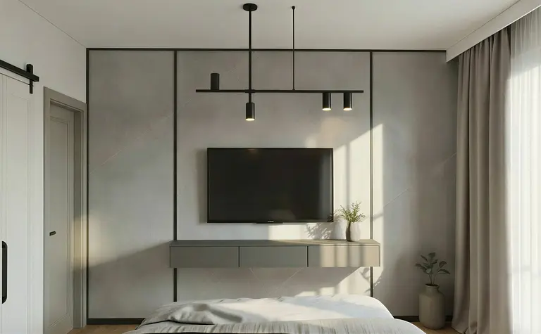 Wnętrze sypialni z minimalistycznym designem, szarymi ścianami, czarnymi akcentami oraz nowoczesnym oświetleniem.