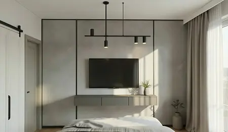 Wnętrze sypialni z minimalistycznym designem, szarymi ścianami, czarnymi akcentami oraz nowoczesnym oświetleniem.