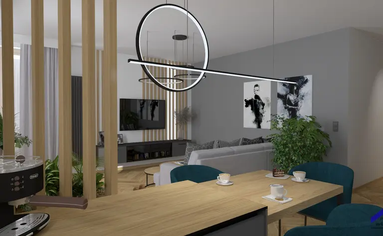 Wnętrze salonu z elementami dopamine decor i japandi, w nowoczesnym stylu.