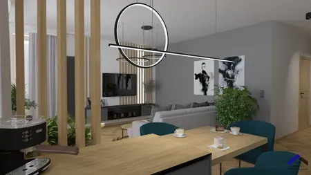 Wnętrze salonu z elementami dopamine decor i japandi, w nowoczesnym stylu.