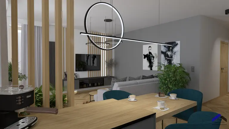 Wnętrze salonu z elementami dopamine decor i japandi, w nowoczesnym stylu.