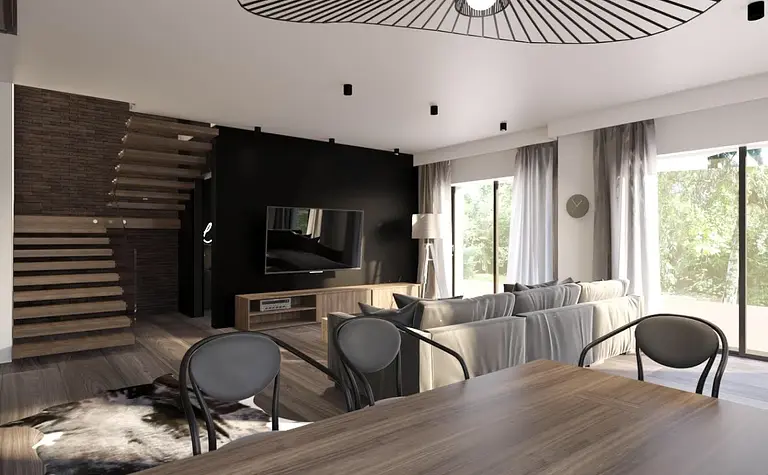 Wnętrze salonu w stylu eklektycznym, minimalistycznym i nowoczesnym z drewnianymi elementami.