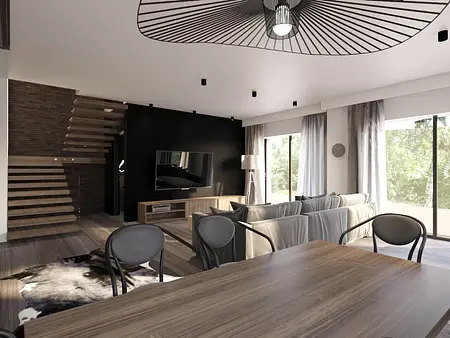 Wnętrze salonu w stylu eklektycznym, minimalistycznym i nowoczesnym z drewnianymi elementami.