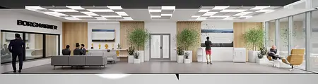 Wnętrze biura z nowoczesnym stylem, drewniane elementy, roślinność, strefa wypoczynkowa.