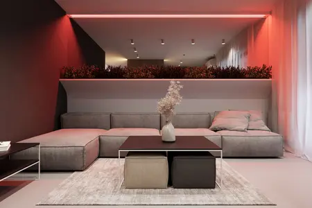 Wnętrze salonu w stylu eklektycznym z minimalistycznymi akcentami i soft minimalizmem.