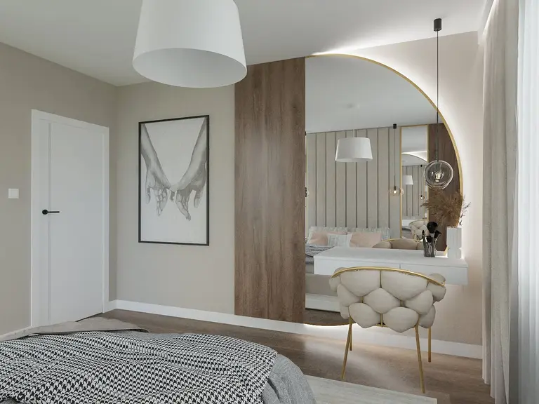 Wnętrze sypialni z elementami art deco, boho i skandynawskim stylem.